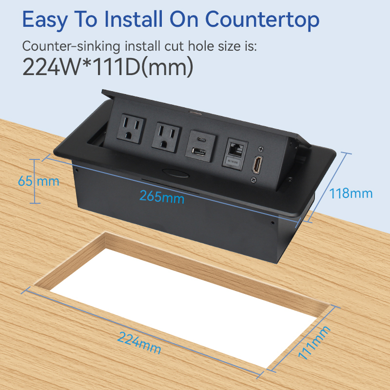 Desktop Embedded Pop Up Socket 2 US Outlets With CAT6+HDMI