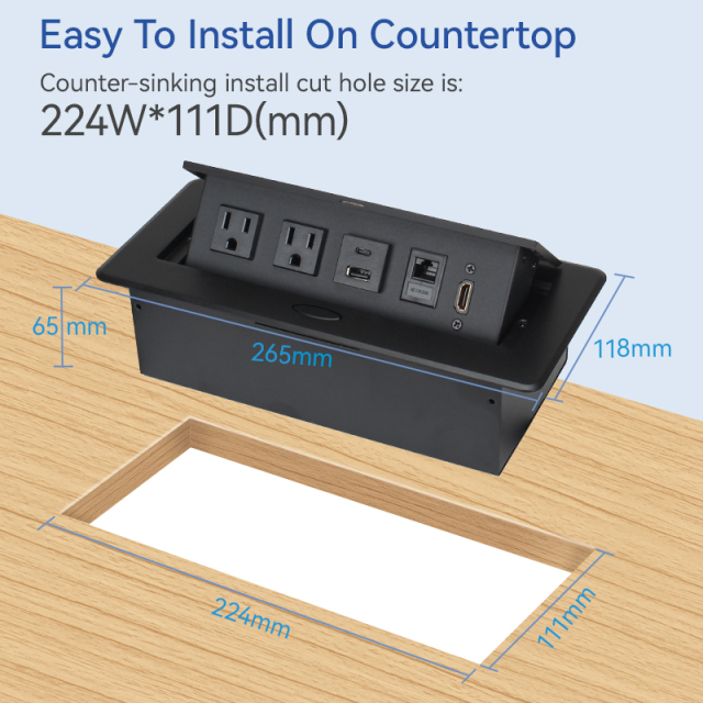 Desktop Embedded Pop Up Socket 2 US Outlets With CAT6+HDMI