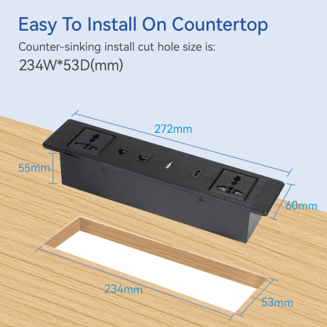 Desktop Built In Recessed Alloy Power Socket With 2 Universal outlets CAT6+CAT3 +USB Date ports+ HDMI