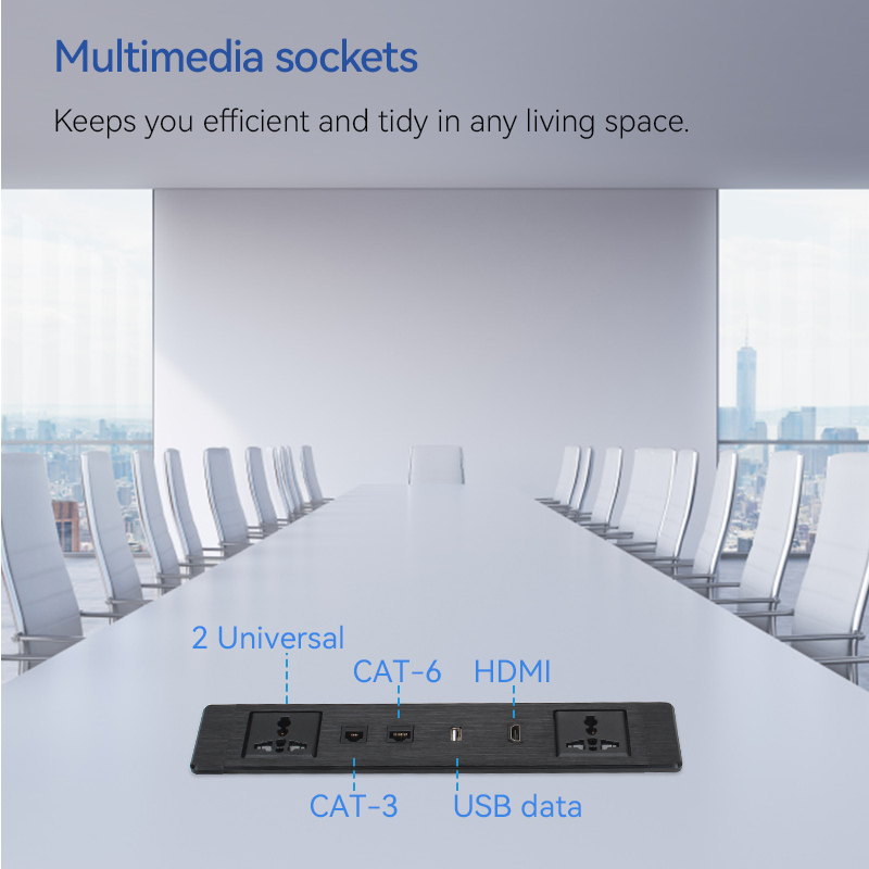 Desktop Built In Recessed Alloy Power Socket With 2 Universal outlets CAT6+CAT3 +USB Date ports+ HDMI