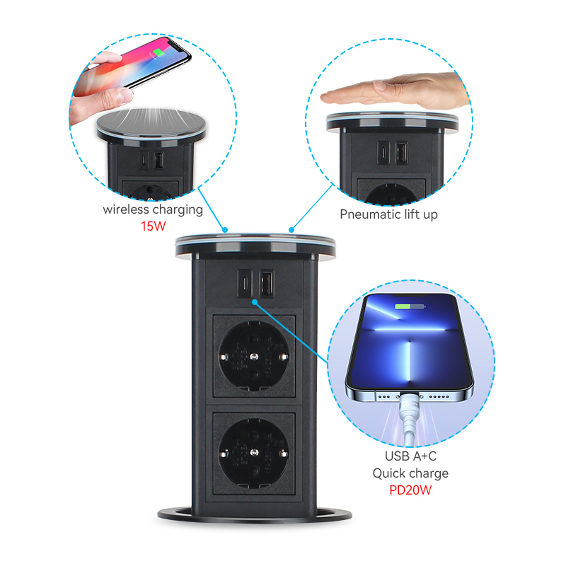 New Style Kitchen Pneumatic Pop up socket with 15W QI