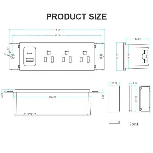 3 AC Outlet Power Strip with Dual 1A USB Furniture Hidden Charging Station for Side Table