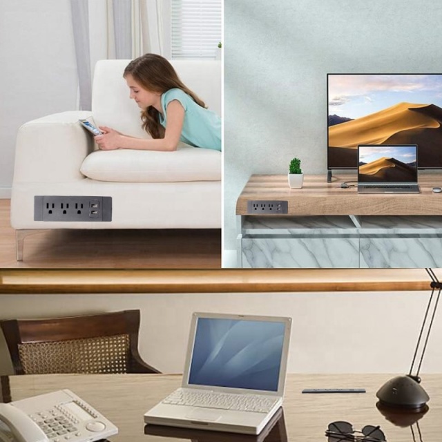 3 AC Outlet Power Strip with Dual 1A USB Furniture Hidden Charging Station for Side Table
