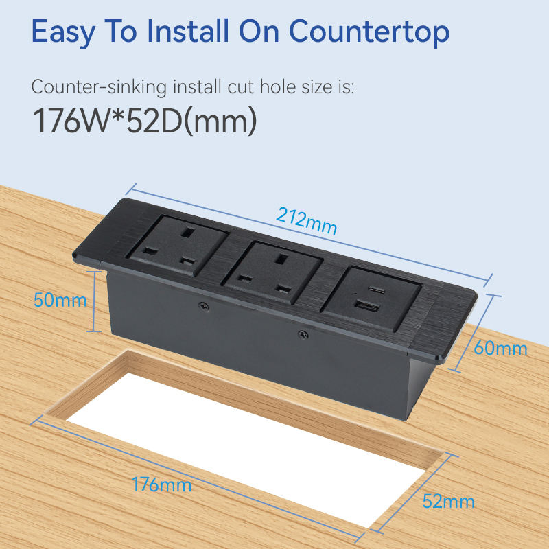High Qujality Alloy Socket Recessed Socket 2 UK Outlets 1 USB-A&C Charging