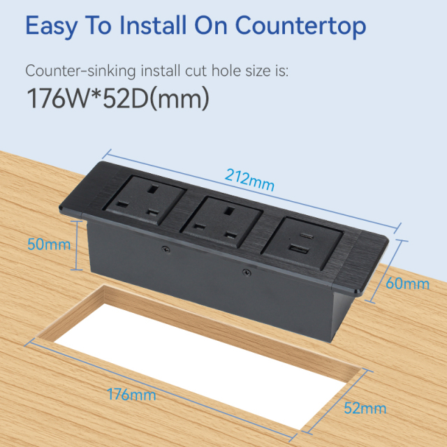 High Qujality Alloy Socket Recessed Socket 2 UK Outlets 1 USB-A&C Charging