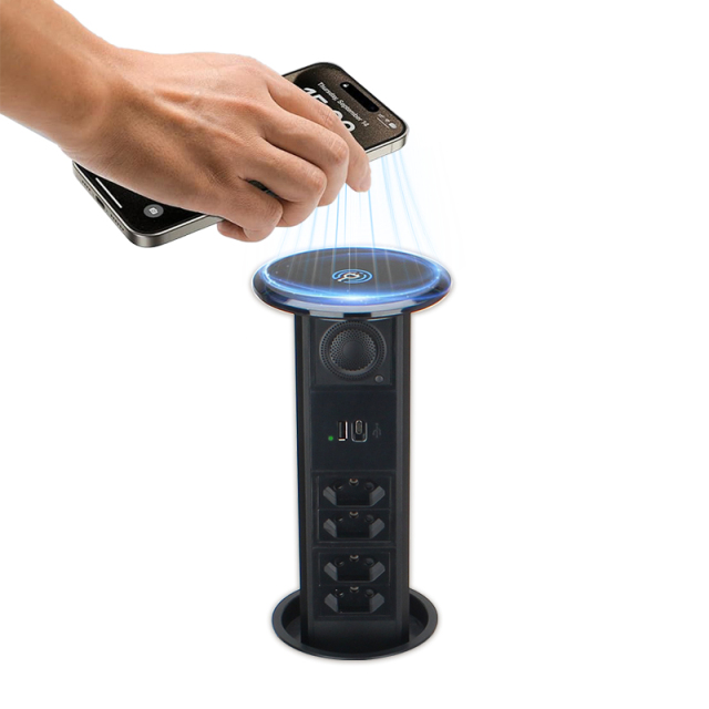Kitchen Pop Up Power Socket Pneumatic Pop Up Socket With QI Charging Panel BT Speaker