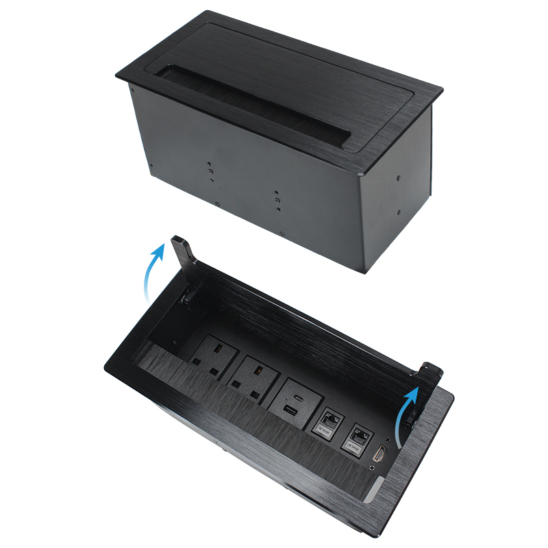 Desktop Embedded Socket Flip Up Power Socket With 3 UK Outlets 1 USB-A+C Charging CAT6 And HDMI
