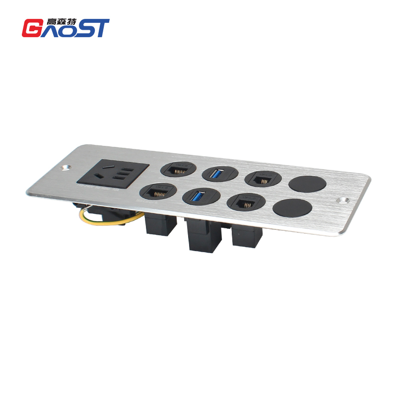 Multifunctional Media Hub With CAT3+CAT6 USB Date Port 2 Cable Through And 1 Power Outlet