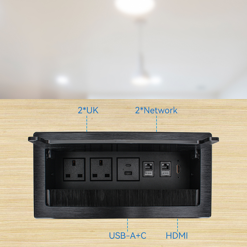 Desktop Embedded Socket Flip Up Power Socket With 3 UK Outlets 1 USB-A+C Charging CAT6 And HDMI