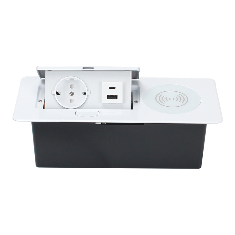 Desktop Pop Up Power Socket Wireless Charging 1 Schuko Outlet 1 USB-A+C Charging