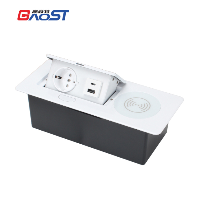Desktop Pop Up Power Socket Wireless Charging 1 Schuko Outlet 1 USB-A+C Charging
