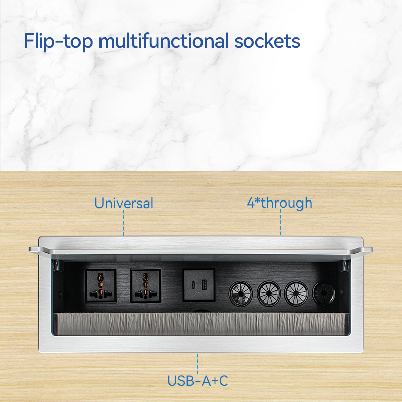 Conference Flip Up Power Socket With Universal Outlets USB-A&C Charging and Cable Through