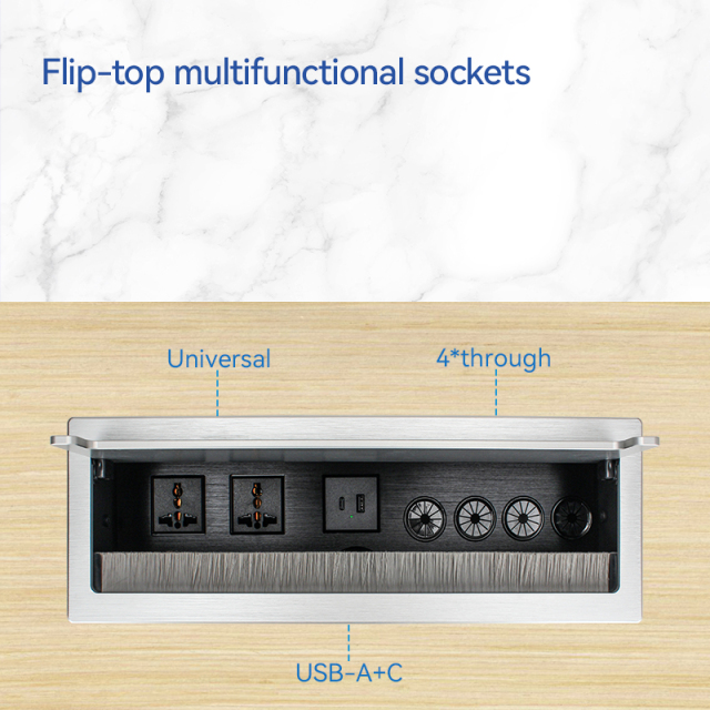 Conference Flip Up Power Socket With Universal Outlets USB-A&C Charging and Cable Through