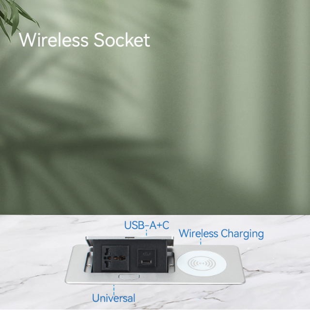 2 Way Desktop Pop Up Power Socket Universal Outlet USB-A+C Charging and Wireless Charging