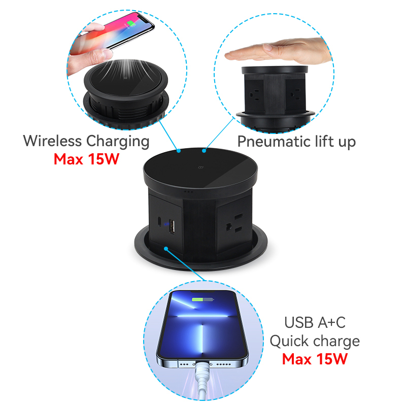Desktop Pneumatic Pop Up Power Socket With 15W Wireless Charging and 10W USB-A&C Charging