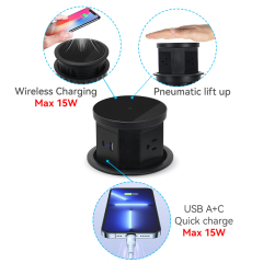 Desktop Pneumatic Pop Up Power Socket With 15W Wireless Charging and 10W USB-A&C Charging