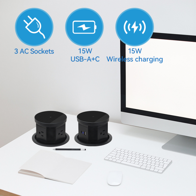Desktop Pneumatic Pop Up Power Socket With 15W Wireless Charging and 10W USB-A&C Charging