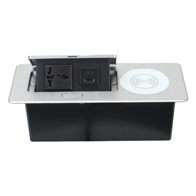 2 Way Desktop Pop Up Power Socket Universal Outlet USB-A+C Charging and Wireless Charging