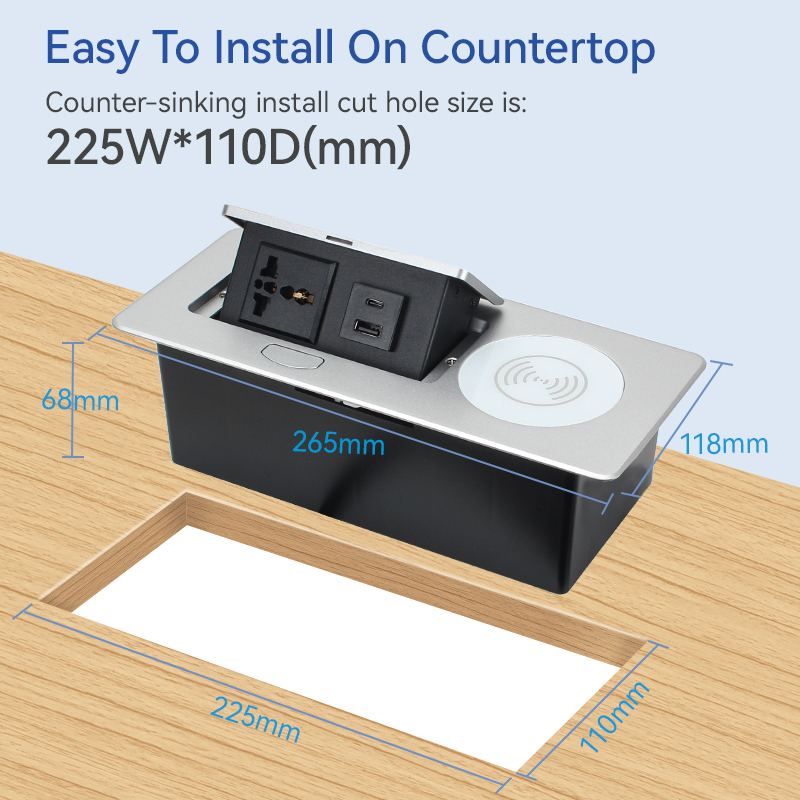 2 Way Desktop Pop Up Power Socket Universal Outlet USB-A+C Charging and Wireless Charging