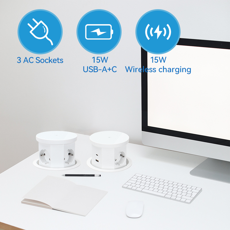 Round Pneumatic Pop Up Power Socket Schuko Outlets USB Charging and Wireless Charging hole 120mm