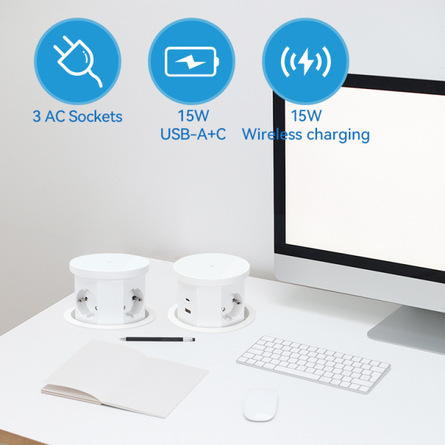 Round Pneumatic Pop Up Power Socket Schuko Outlets USB Charging and Wireless Charging hole 120mm