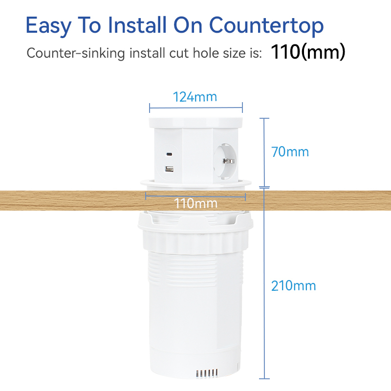 Round Pneumatic Pop Up Power Socket Schuko Outlets USB Charging and Wireless Charging hole 120mm