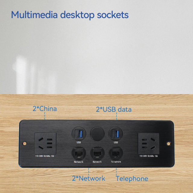 Media hub desktop data box built in 2 AC ways power socket with weak CAT6 CAT3 and USB data port