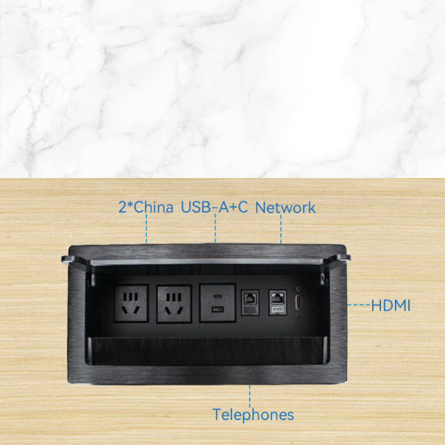 Conference Flip Up Socket With Brush Alloy Shell 2 AC + 1 USB-A&C Charging 2 CAT6 and 1 HDMI