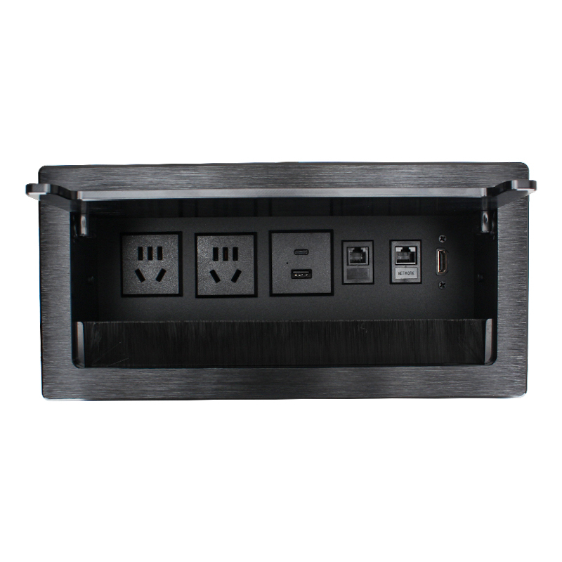 Conference Flip Up Socket With Brush Alloy Shell 2 AC + 1 USB-A&C Charging 2 CAT6 and 1 HDMI