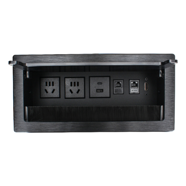 Conference Flip Up Socket With Brush Alloy Shell 2 AC + 1 USB-A&C Charging 2 CAT6 and 1 HDMI