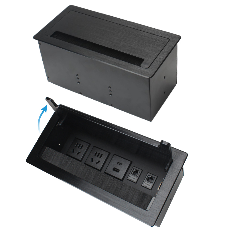 Conference Flip Up Socket With Brush Alloy Shell 2 AC + 1 USB-A&C Charging 2 CAT6 and 1 HDMI