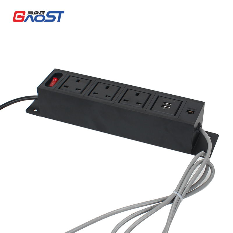 Desktop Mount On Power Strip 3 UK Outlets，2 USB-A Charging 1 CAT6 and 1 Switch