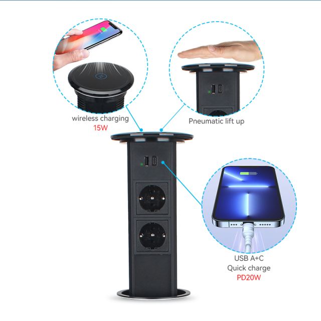 Kitchen Pneumatic Pop Up Socket With 2 Schuko Outlets And 1 USB-A&C Charging