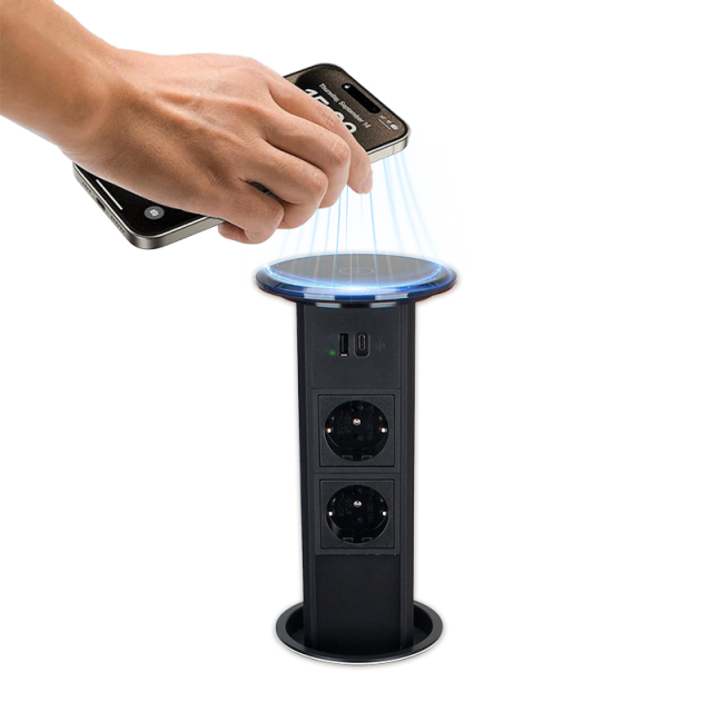 Kitchen Pneumatic Pop Up Socket With 2 Schuko Outlets And 1 USB-A&C Charging