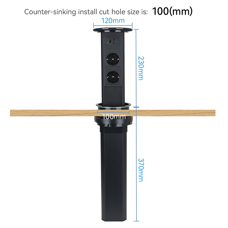 Kitchen Pneumatic Pop Up Socket With 2 Schuko Outlets And 1 USB-A&C Charging