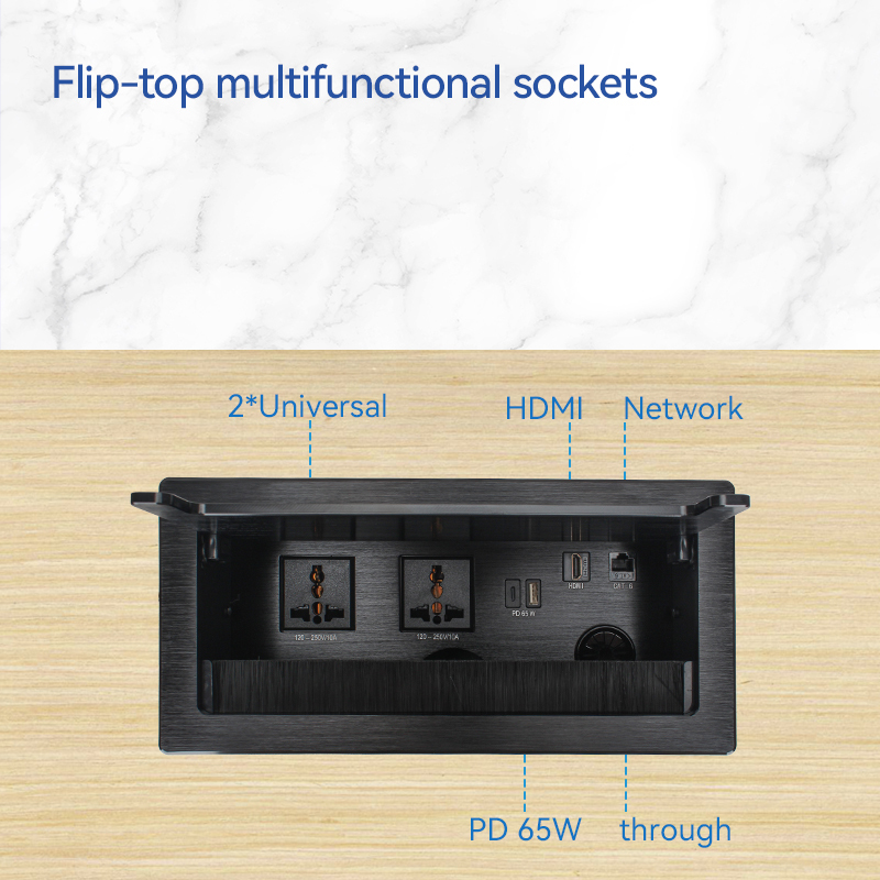 Conference Brushed Flip Up Power Socket With 2 Universal AC Outlets 1 USB-A&C Charging PD65W 1 HDMI and 1 CAT6