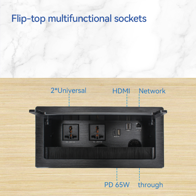 Conference Brushed Flip Up Power Socket With 2 Universal AC Outlets 1 USB-A&C Charging PD65W 1 HDMI and 1 CAT6