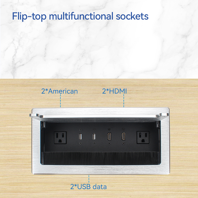 High Quality Alloy Power Socket Flip Up Socket With 2 US Outlets 2USB Date and 2 HDMI
