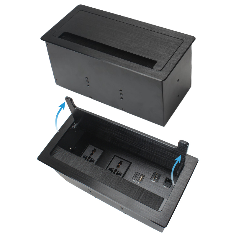 Conference Brushed Flip Up Power Socket With 2 Universal AC Outlets 1 USB-A&C Charging PD65W 1 HDMI and 1 CAT6