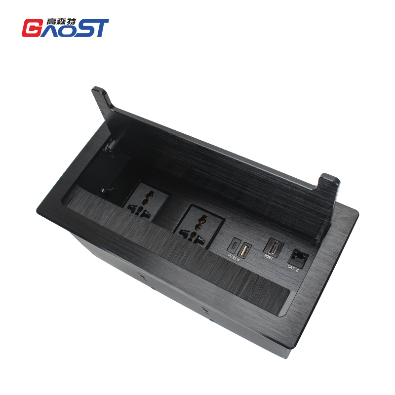 Conference Brushed Flip Up Power Socket With 2 Universal AC Outlets 1 USB-A&C Charging PD65W 1 HDMI and 1 CAT6