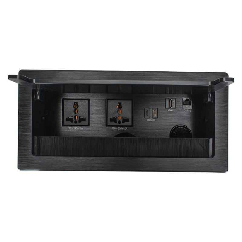 Conference Brushed Flip Up Power Socket With 2 Universal AC Outlets 1 USB-A&C Charging PD65W 1 HDMI and 1 CAT6