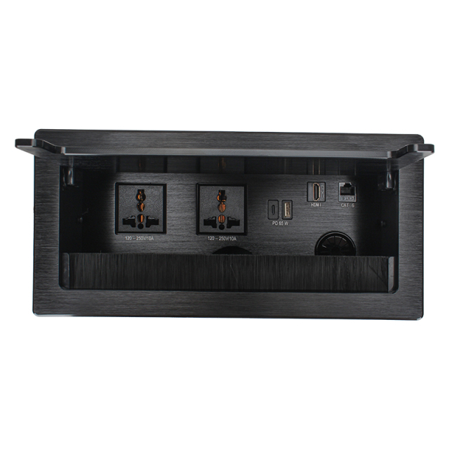 Conference Brushed Flip Up Power Socket With 2 Universal AC Outlets 1 USB-A&C Charging PD65W 1 HDMI and 1 CAT6