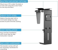 CPU Under Desk Mount Bracket - Computer Tower Wall and Under Counter Holder, 360 Degree Swivel Adjustable Height and Width Wall-Mountable