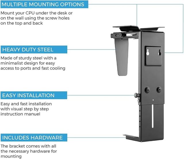 CPU Under Desk Mount Bracket - Computer Tower Wall and Under Counter Holder, 360 Degree Swivel Adjustable Height and Width Wall-Mountable