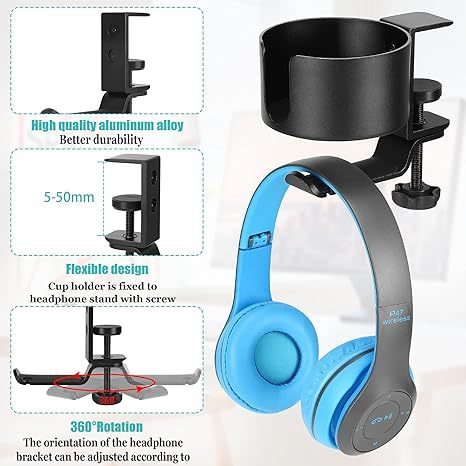 2 in 1 Desk Cup Holder with Headphone Hanger Holder, Anti-Spill Cup Holder-360° Rotation Aluminum Alloy Stand Hook Bearing Capacity 10kg/22lb Suitable for Coffee Mups,Water Cups,Bag,Headphone