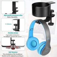 2 in 1 Desk Cup Holder with Headphone Hanger Holder, Anti-Spill Cup Holder-360° Rotation Aluminum Alloy Stand Hook Bearing Capacity 10kg/22lb Suitable for Coffee Mups,Water Cups,Bag,Headphone
