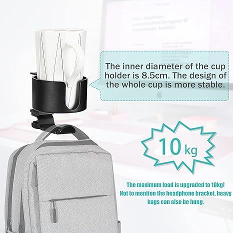 2 in 1 Desk Cup Holder with Headphone Hanger Holder, Anti-Spill Cup Holder-360° Rotation Aluminum Alloy Stand Hook Bearing Capacity 10kg/22lb Suitable for Coffee Mups,Water Cups,Bag,Headphone