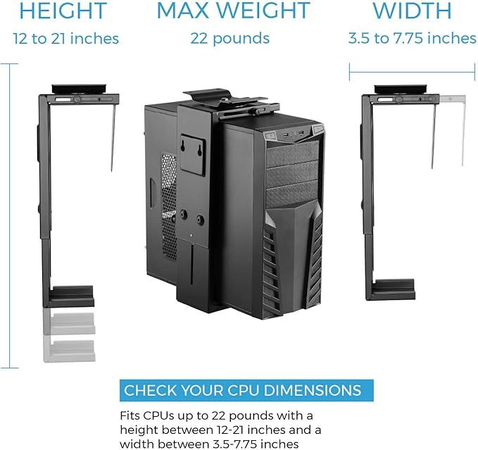 CPU Under Desk Mount Bracket - Computer Tower Wall and Under Counter Holder, 360 Degree Swivel Adjustable Height and Width Wall-Mountable