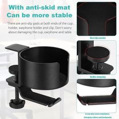 2 in 1 Desk Cup Holder with Headphone Hanger Holder, Anti-Spill Cup Holder-360° Rotation Aluminum Alloy Stand Hook Bearing Capacity 10kg/22lb Suitable for Coffee Mups,Water Cups,Bag,Headphone