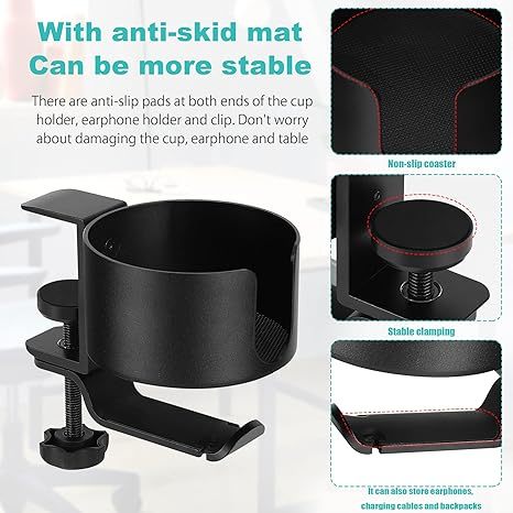 2 in 1 Desk Cup Holder with Headphone Hanger Holder, Anti-Spill Cup Holder-360° Rotation Aluminum Alloy Stand Hook Bearing Capacity 10kg/22lb Suitable for Coffee Mups,Water Cups,Bag,Headphone